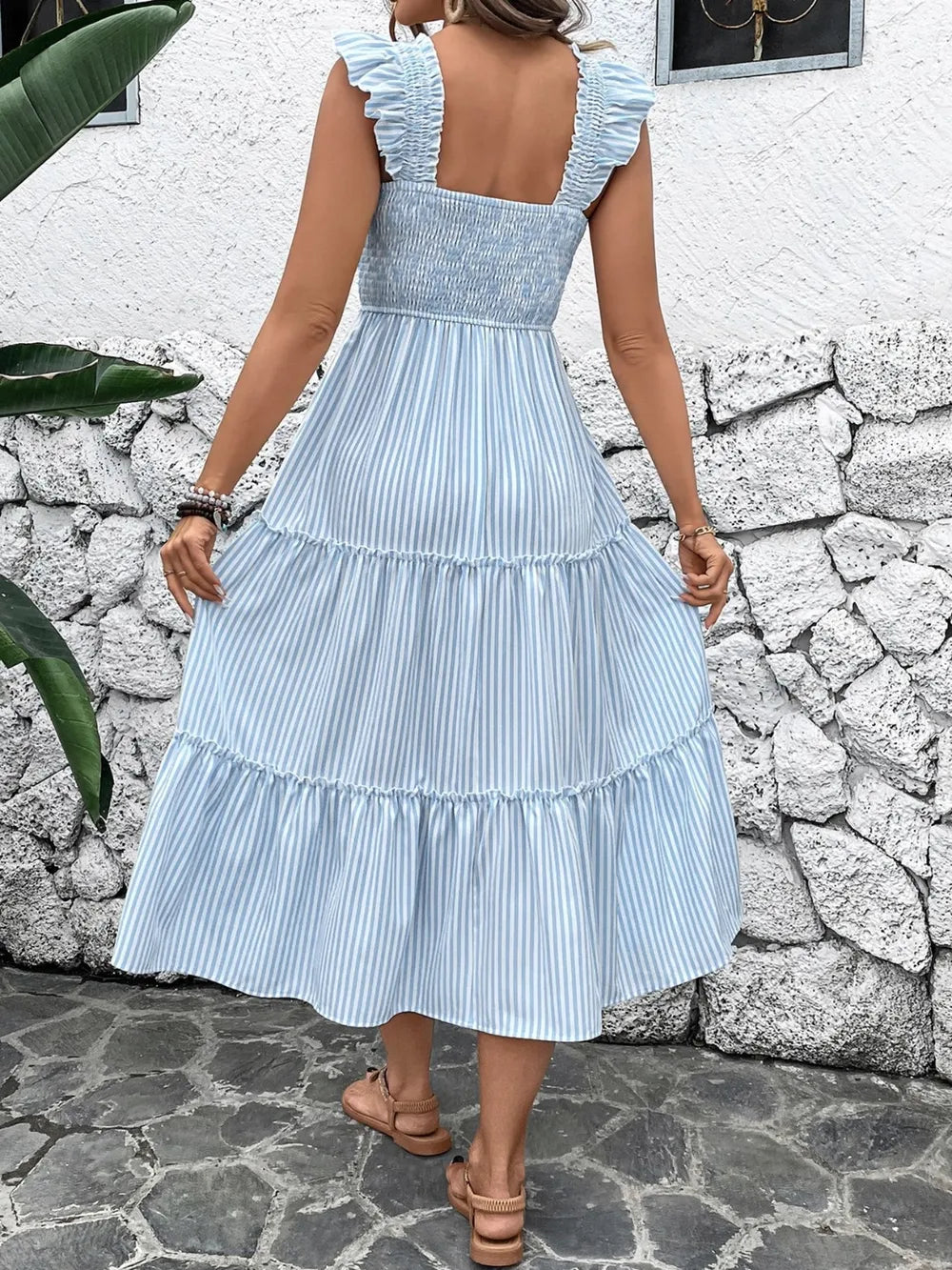 Smocked Striped Wide Striped Midi Dress