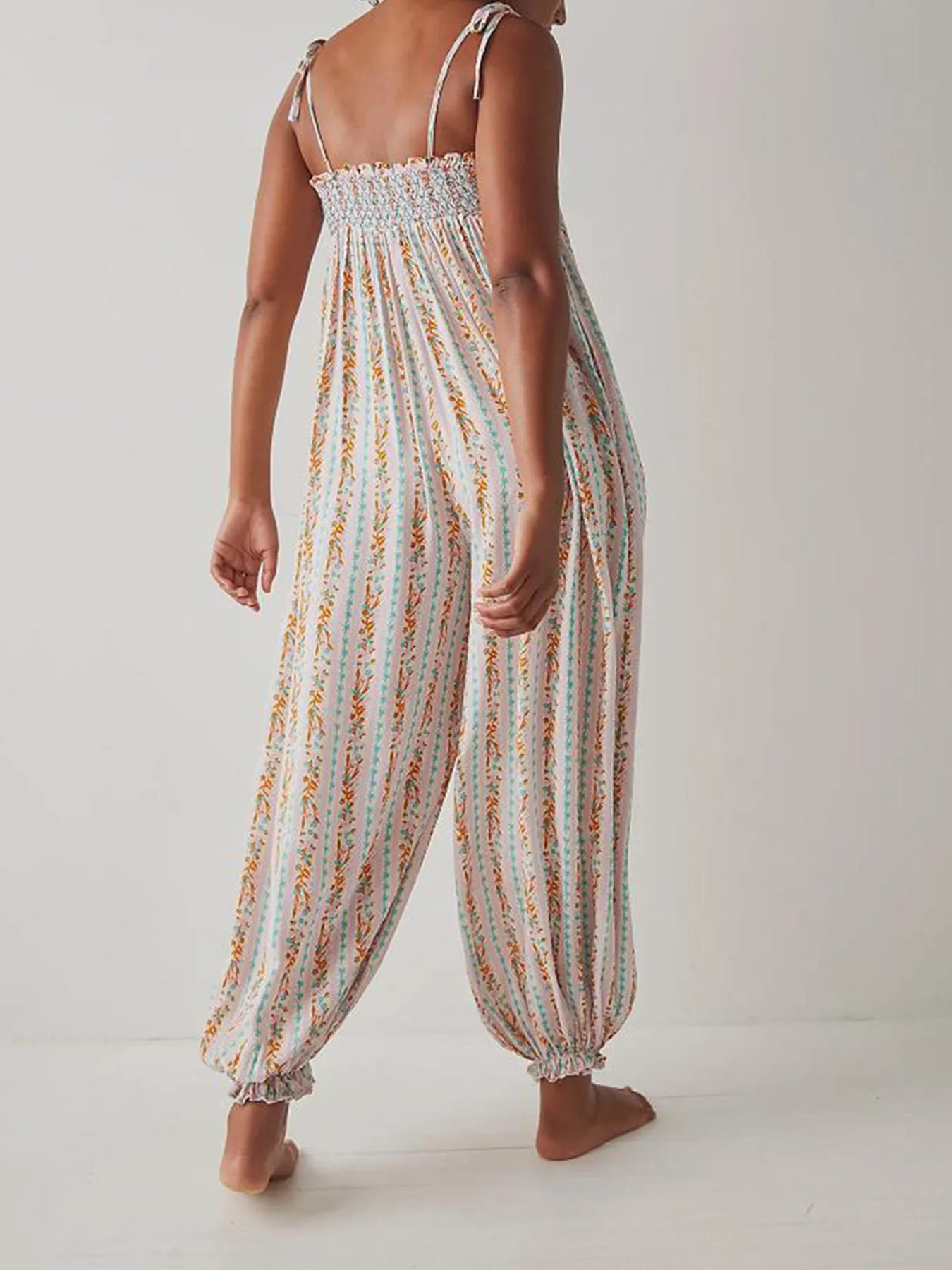 Smocked Tie Shoulder Jumpsuit