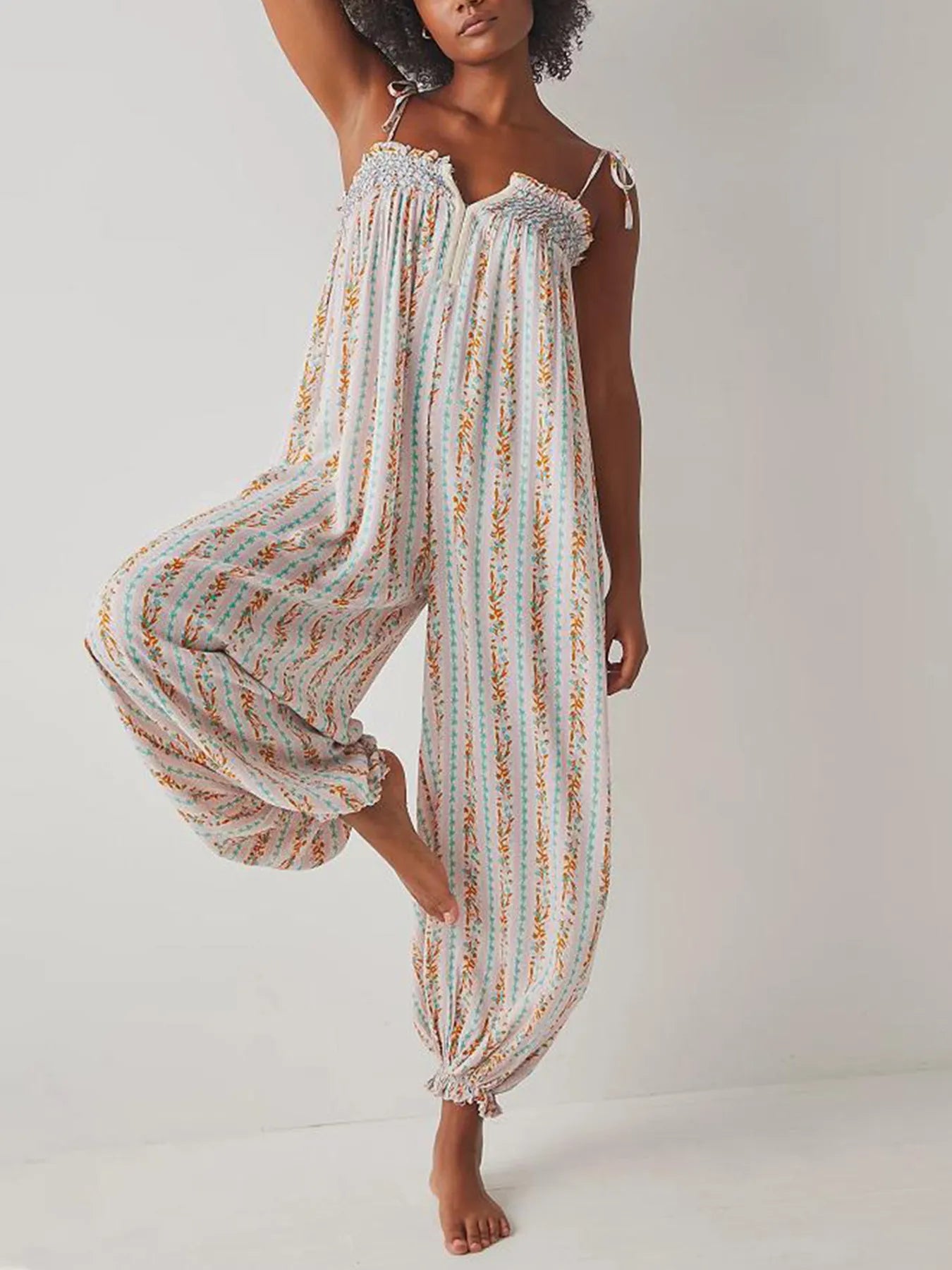 Smocked Tie Shoulder Jumpsuit White / S