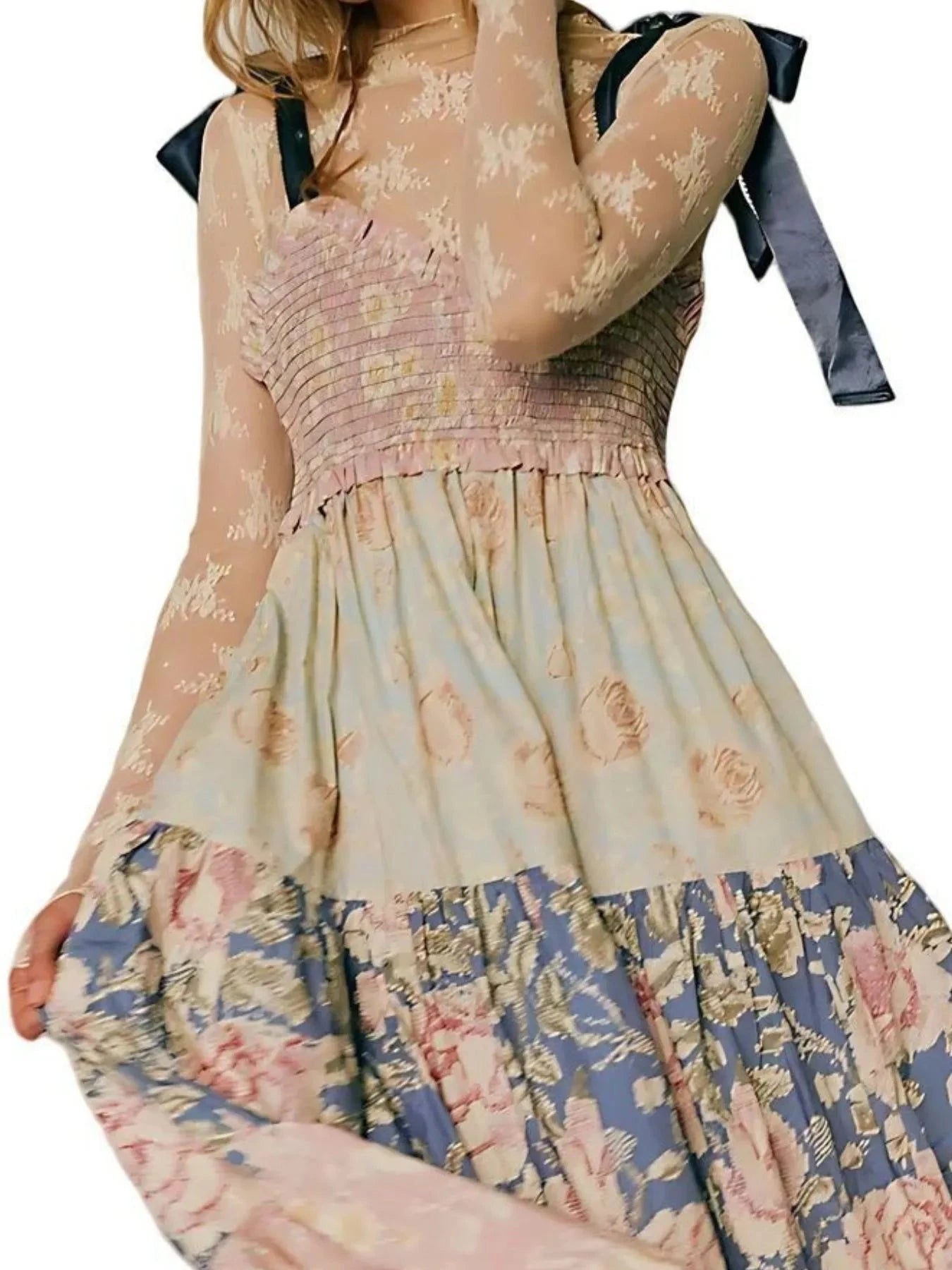 Smocked Tie Shoulder Printed Maxi Dress