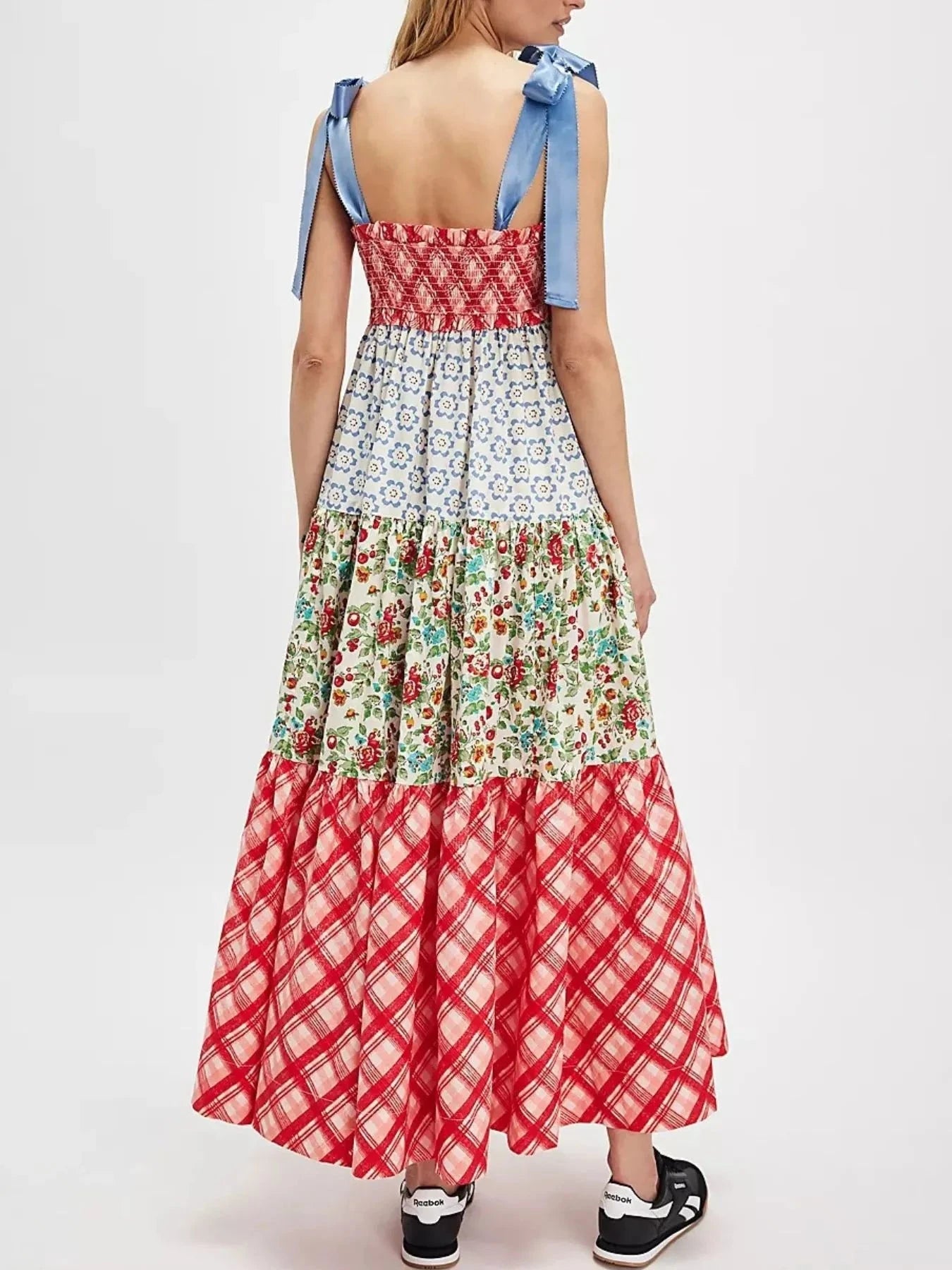 Smocked Tie Shoulder Printed Maxi Dress