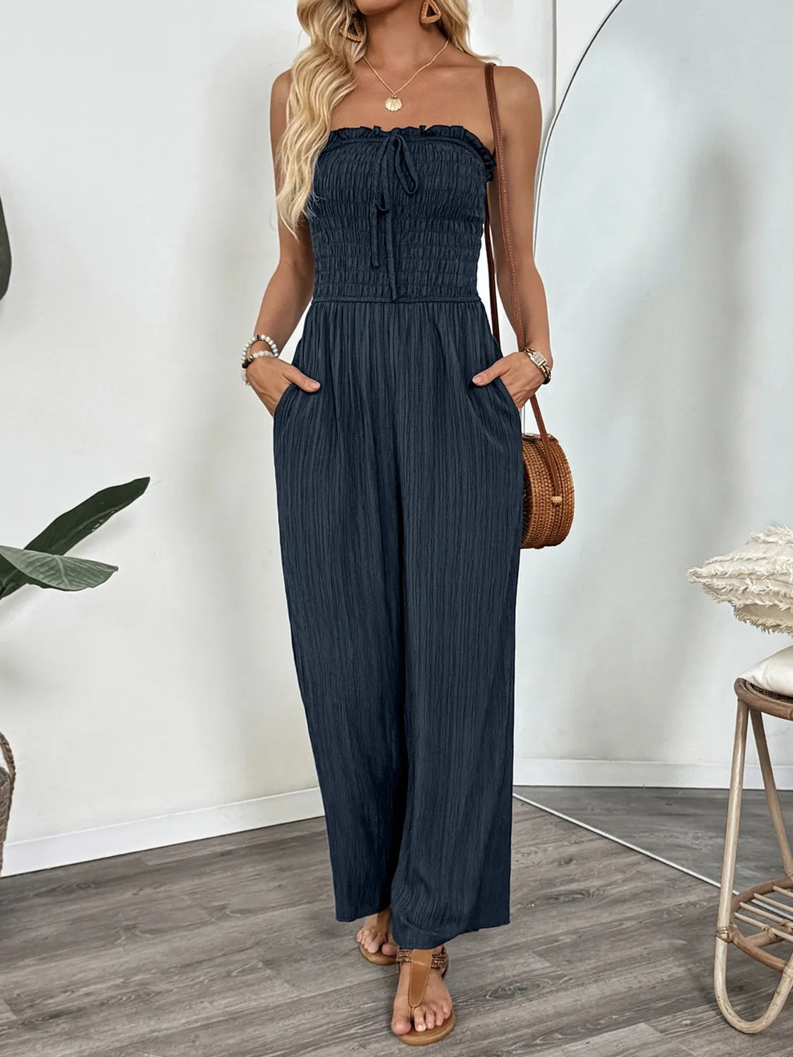 Smocked Tube Wide Leg Jumpsuit Dark Blue / S