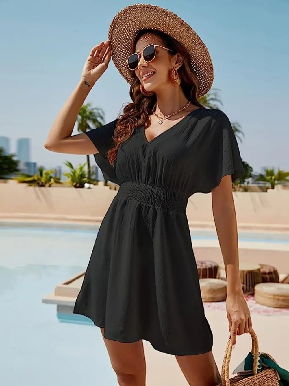 Smocked V-Neck Short Sleeve Dress Black / S