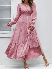 Smocked Waist Polka Dot Long Sleeve Maxi Dress