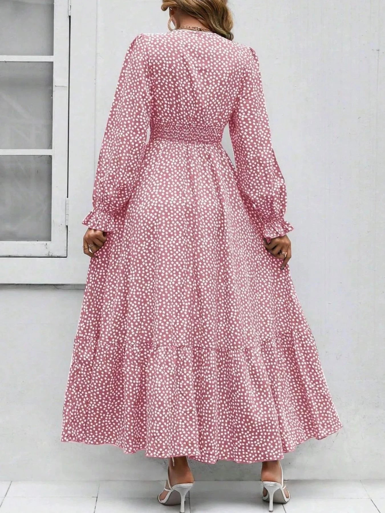 Smocked Waist Polka Dot Long Sleeve Maxi Dress