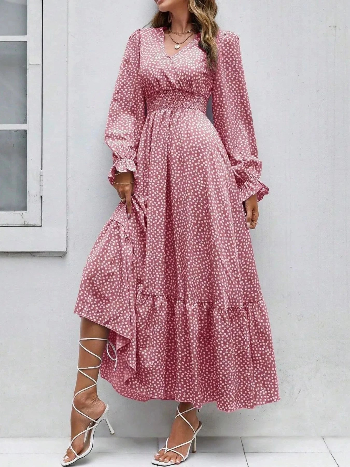 Smocked Waist Polka Dot Long Sleeve Maxi Dress