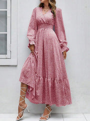 Smocked Waist Polka Dot Long Sleeve Maxi Dress