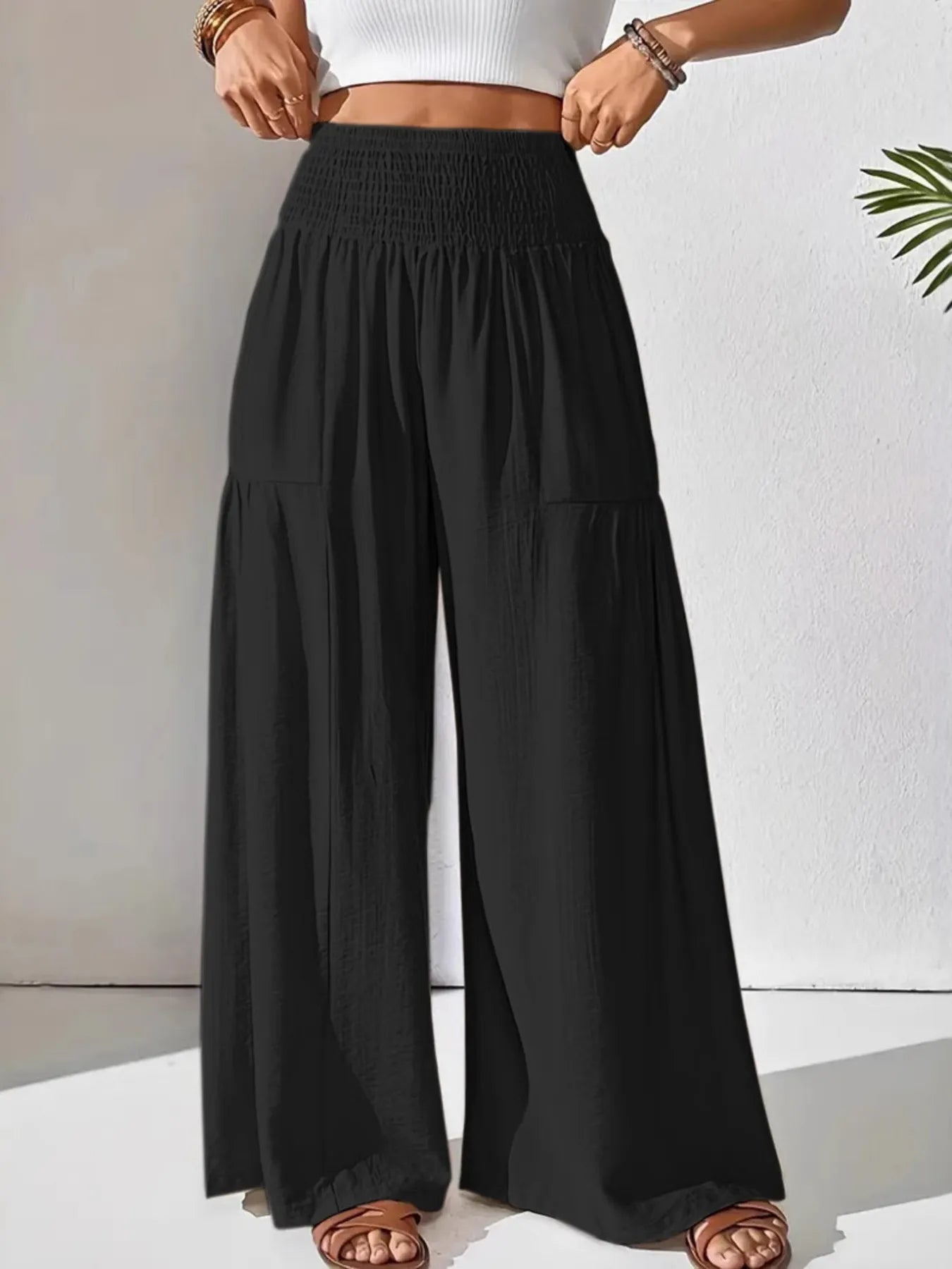 Smocked Waist Wide Leg Pants
