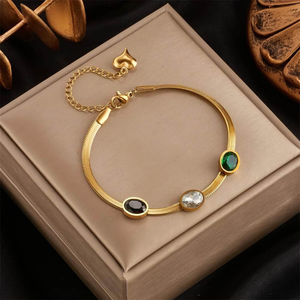 Snake Flat Chain Bracelet with White, Black, and Green Zircon B714