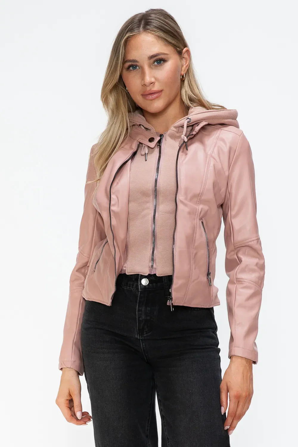 Snobbish Faux Leather Zip Up Drawstring Hooded Jacket Mauve / S