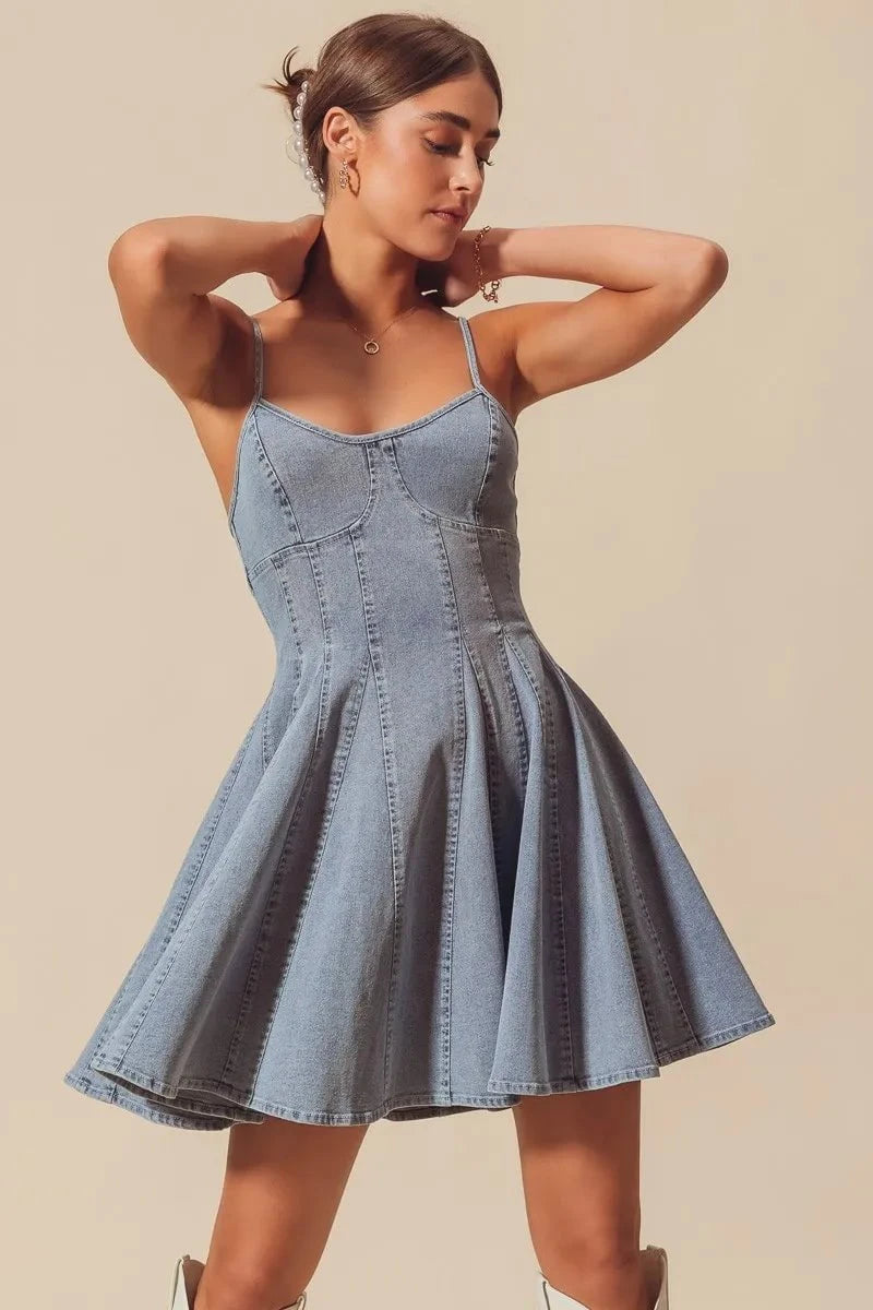 SO ME A Line Fit and Flare Denim Mini Dress DENIM / S