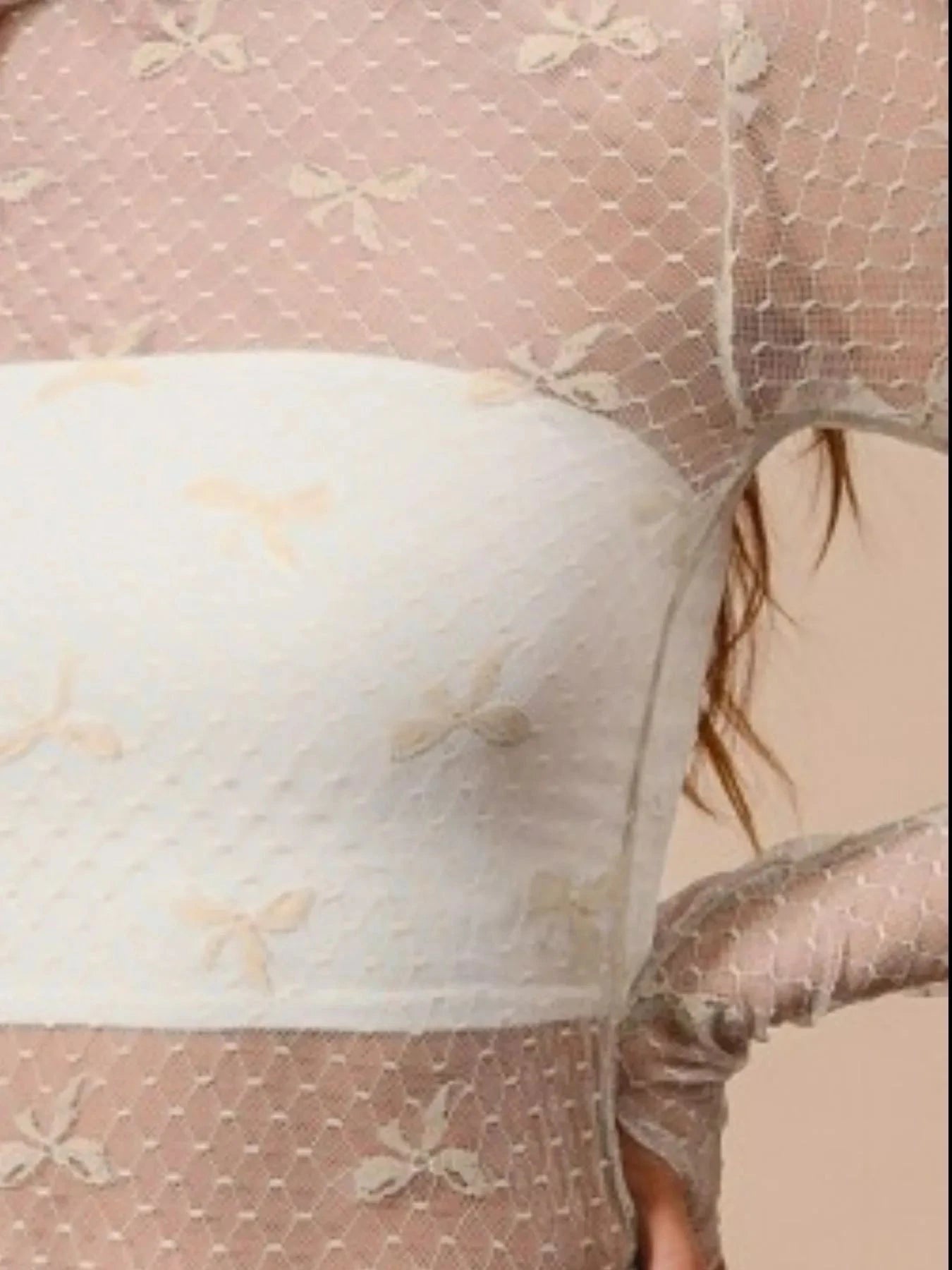 SO ME Bow Ribbon Pattern Sheer Lace Top