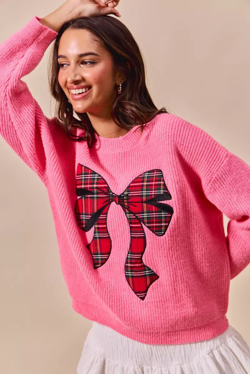 SO ME Checker Plaid Ribbon Christmas Holiday Sweater