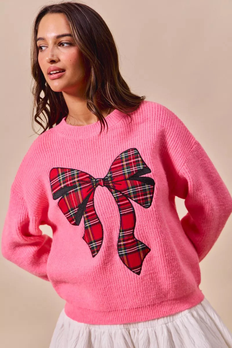 SO ME Checker Plaid Ribbon Christmas Holiday Sweater PINK / S
