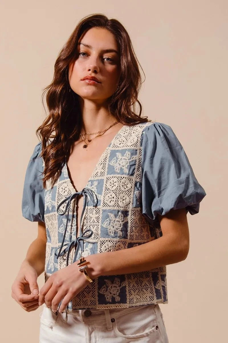 SO ME Crochet Lace Tie Front V Neck Blouse Top