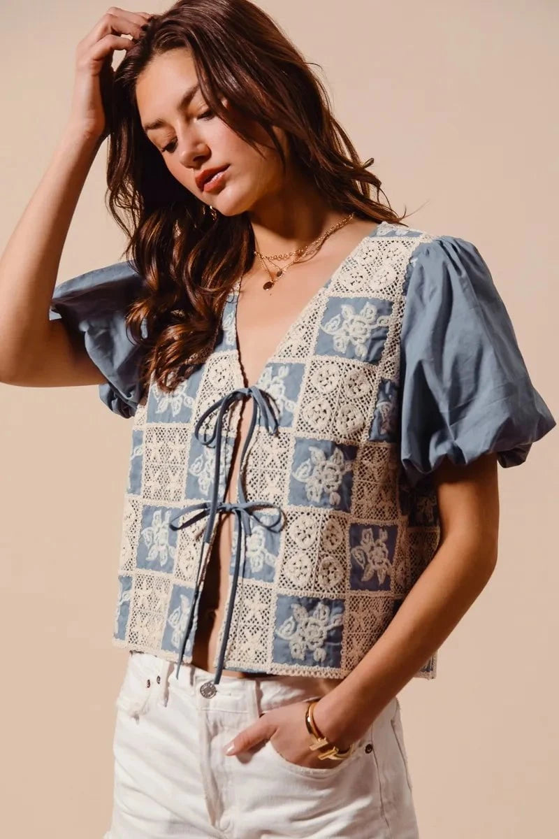 SO ME Crochet Lace Tie Front V Neck Blouse Top