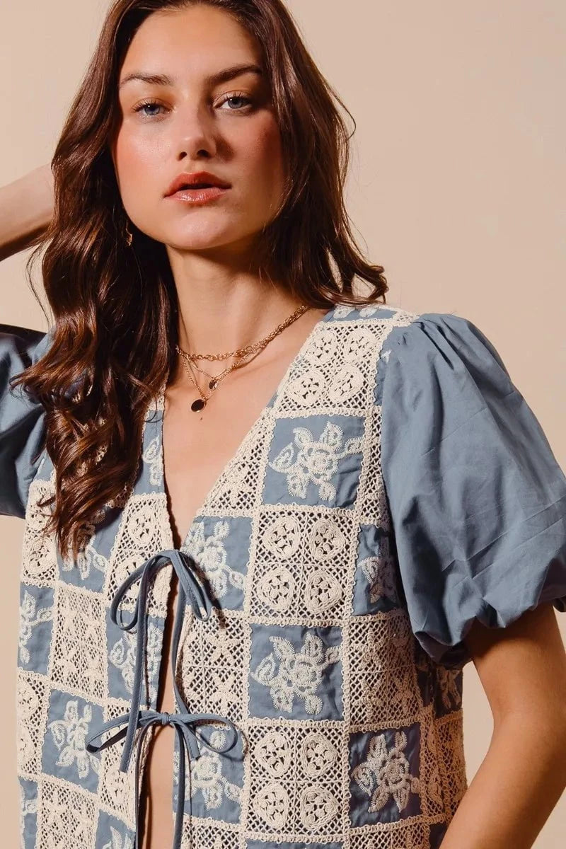 SO ME Crochet Lace Tie Front V Neck Blouse Top