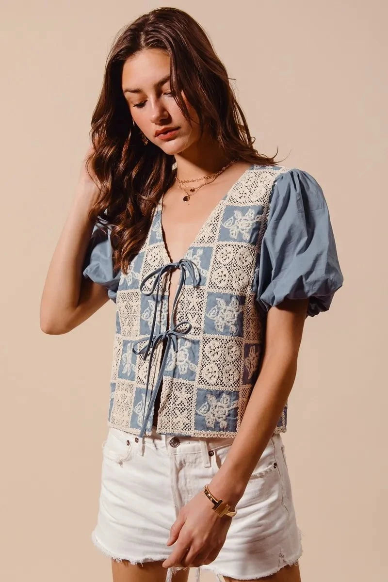 SO ME Crochet Lace Tie Front V Neck Blouse Top