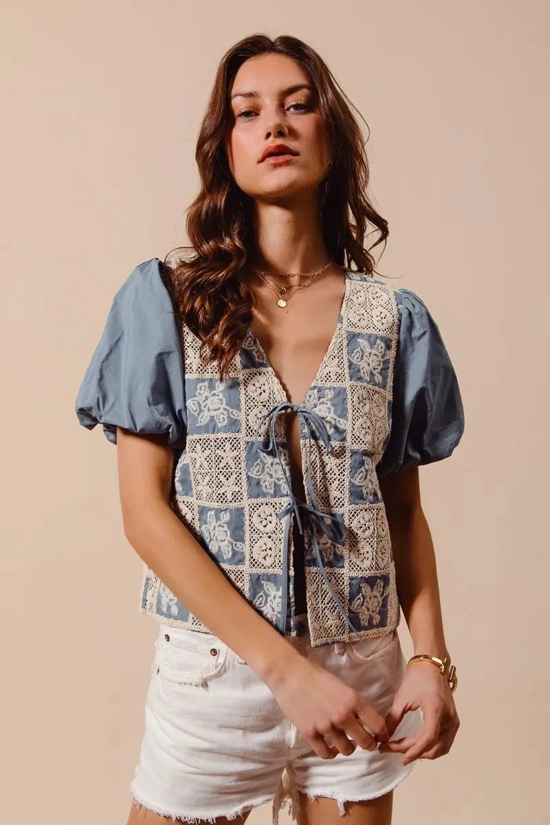 SO ME Crochet Lace Tie Front V Neck Blouse Top DENIM BLUE / S