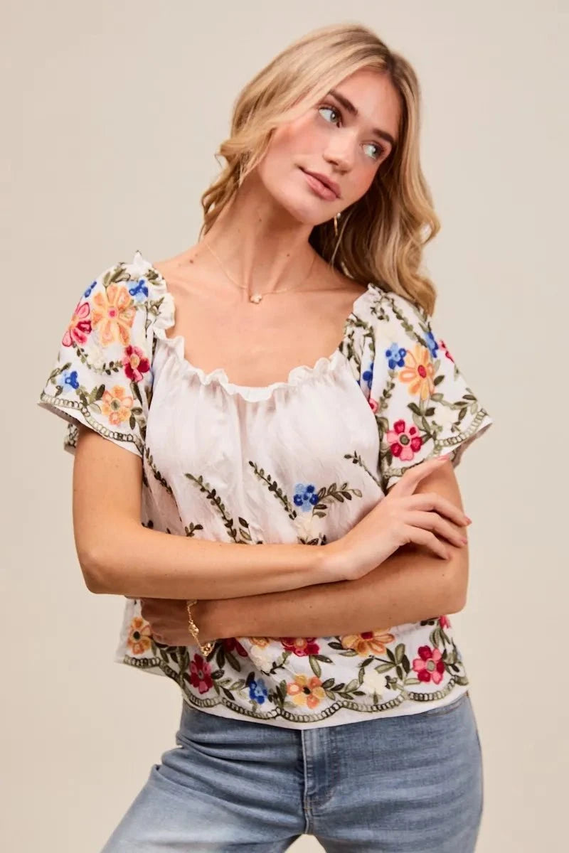 SO ME Floral Embroidered Two Way Off The Shoulder Blouse