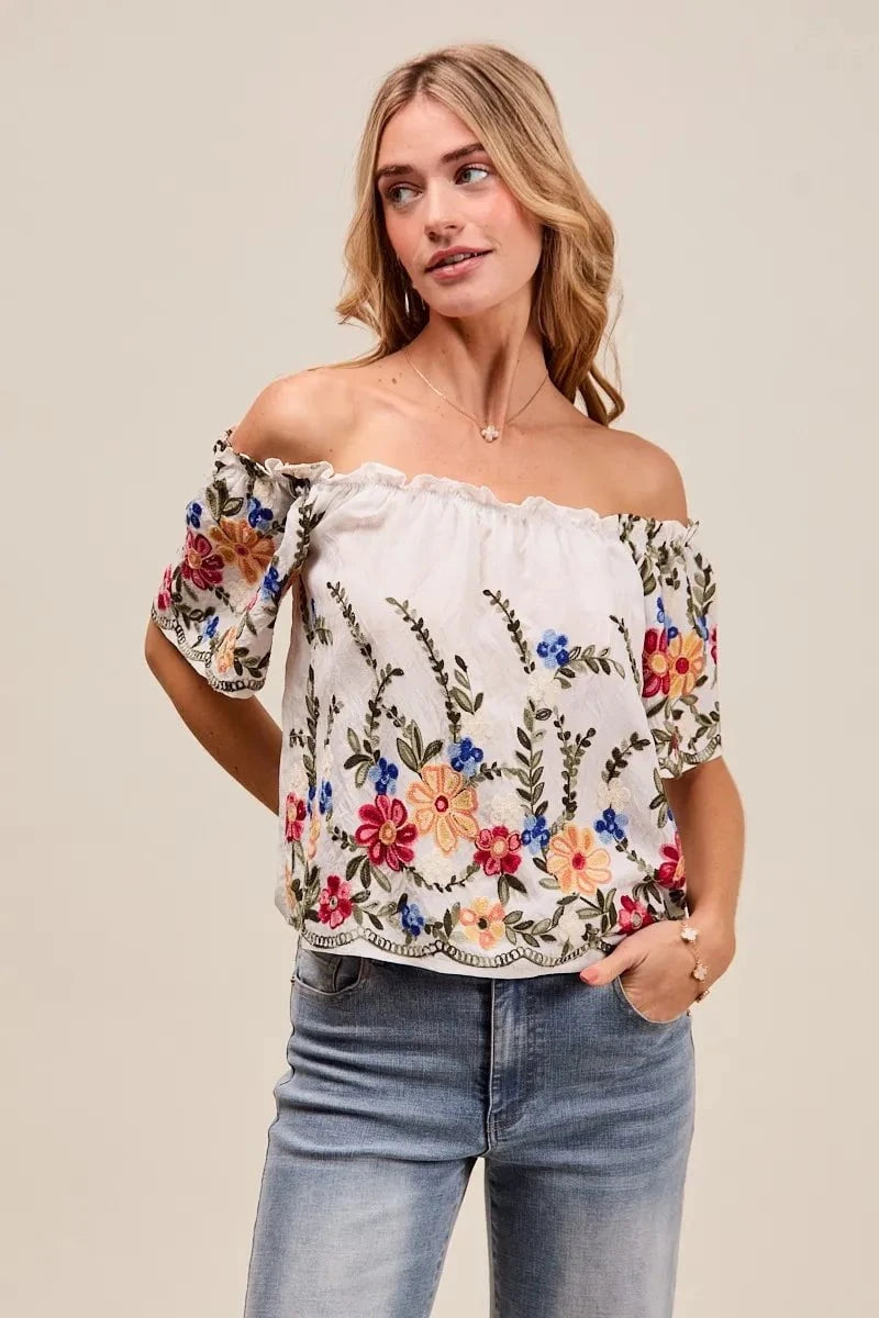 SO ME Floral Embroidered Two Way Off The Shoulder Blouse
