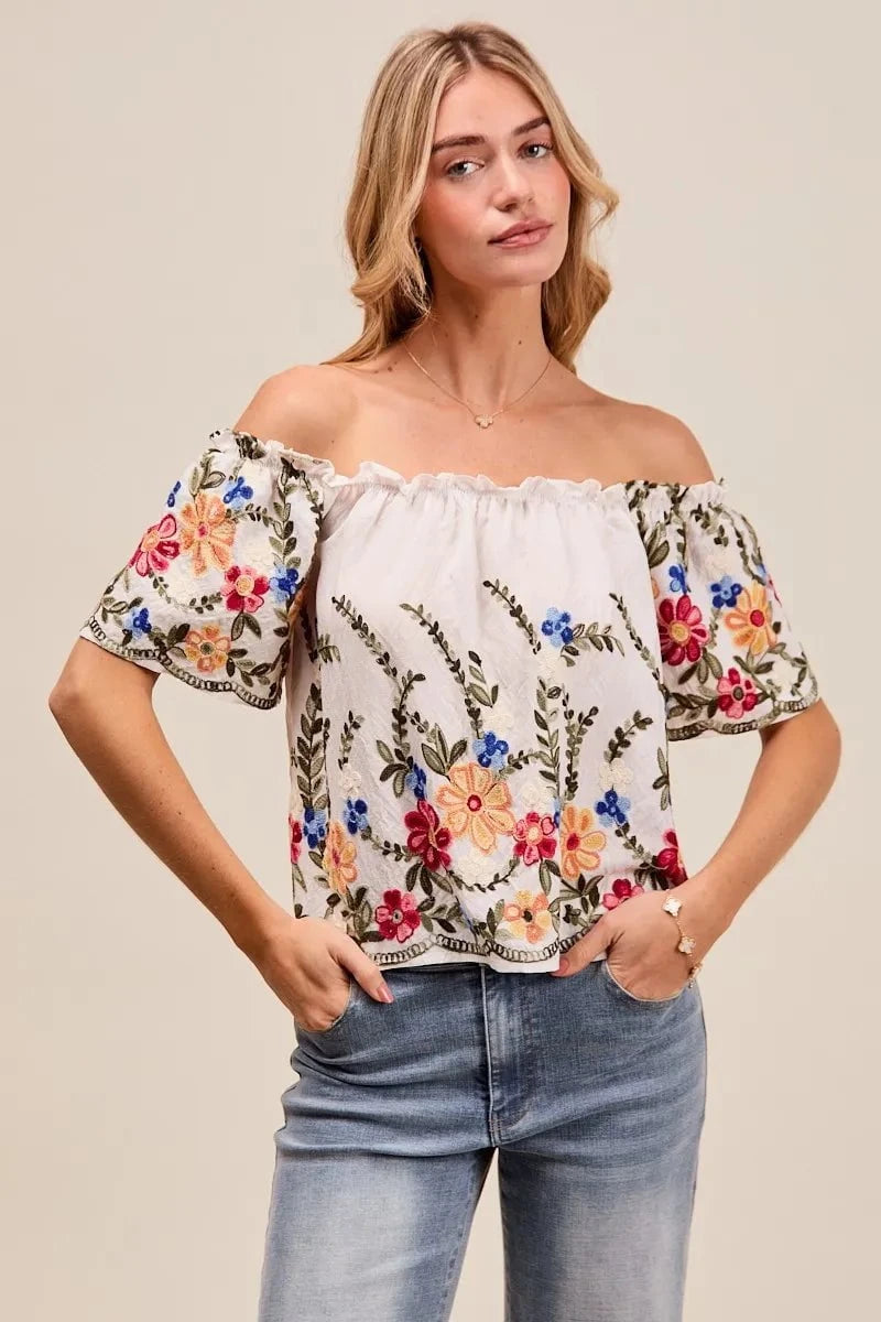 SO ME Floral Embroidered Two Way Off The Shoulder Blouse OFF WHITE / S