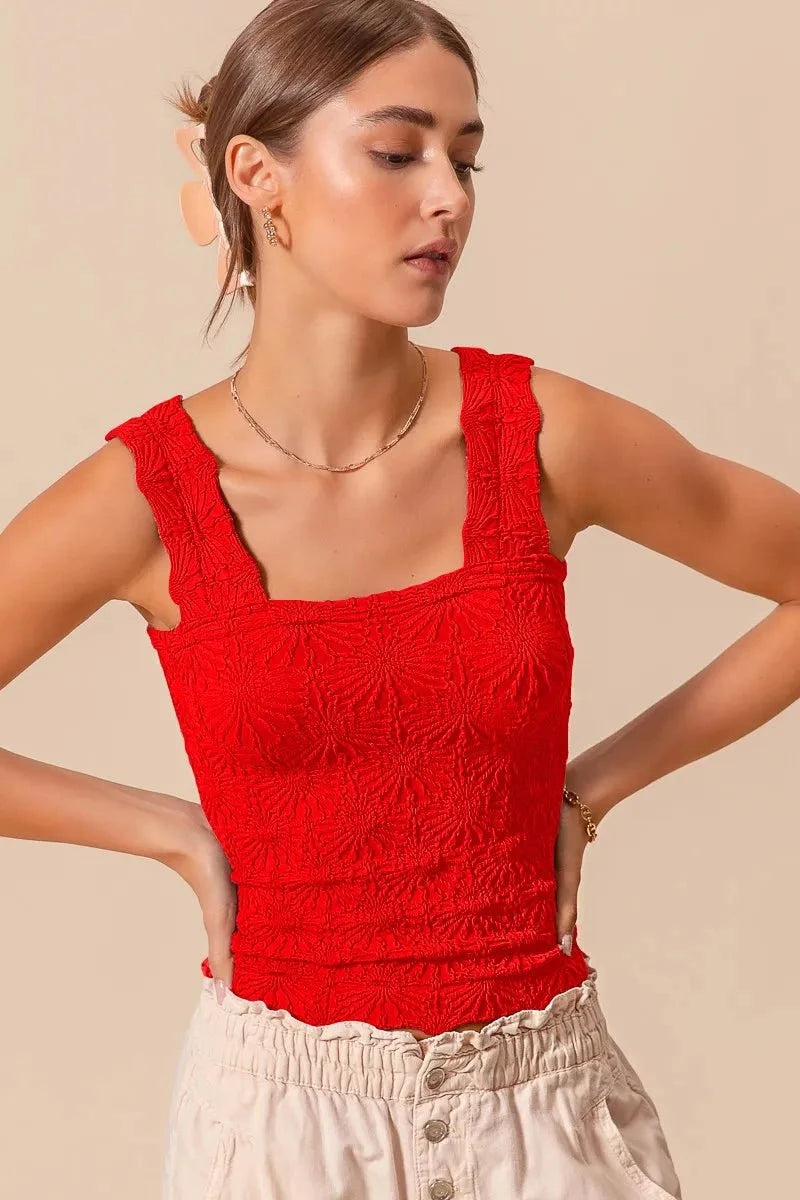 SO ME Floral Jacquard Seamless Tank Top RED / S