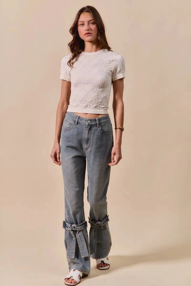 SO ME Floral Patterned Seamless Short Sleeve Top