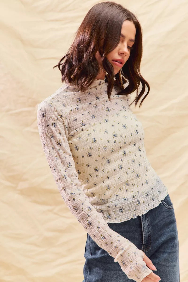 SO ME Floral Print Textured Long Sleeve Knit Top