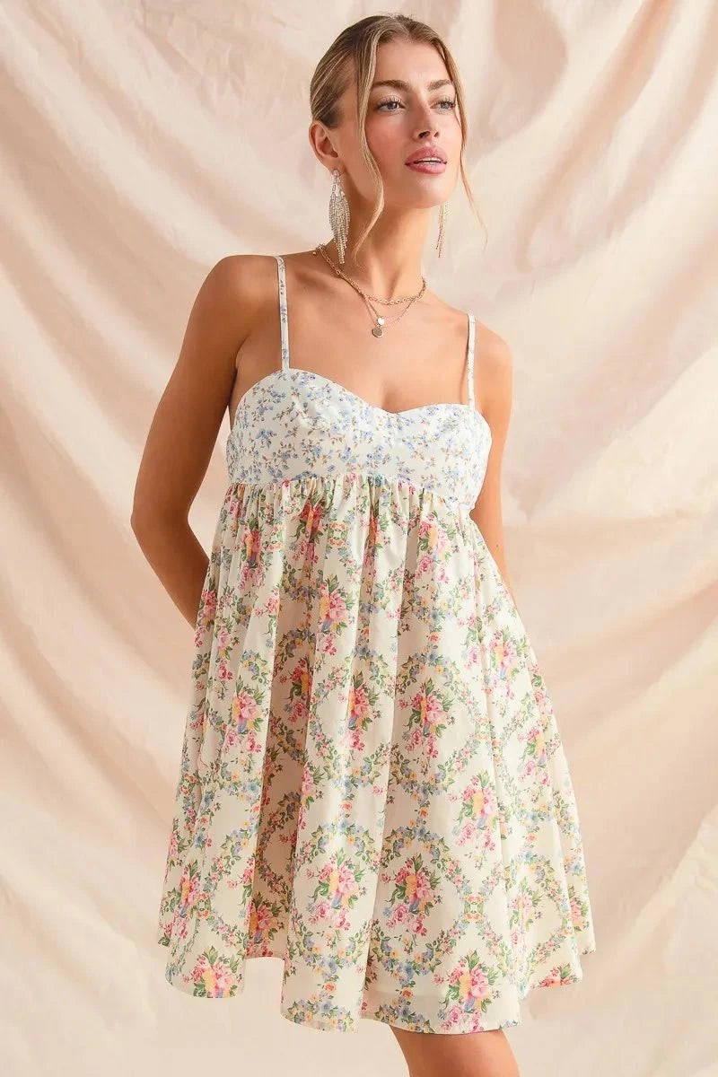 SO ME Mixed Floral Print Sleeveless Mini Dress CREAM COMBO / S