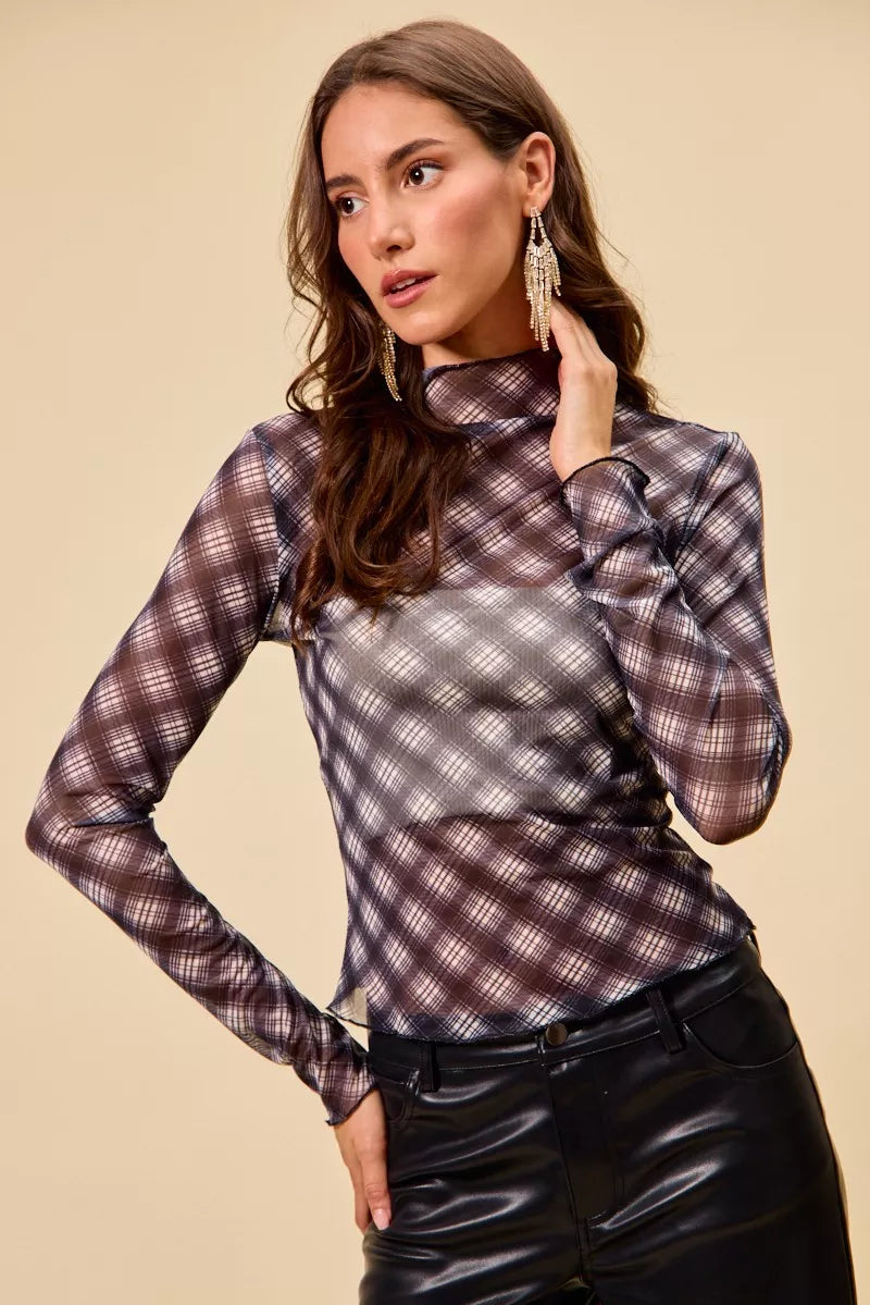 SO ME Plaid Mesh Knit Long Sleeve Top with Thumb Opening