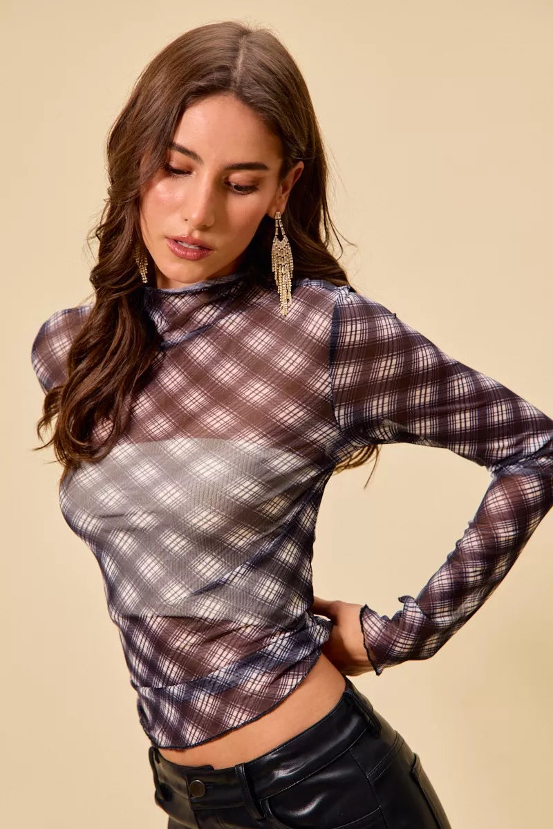 SO ME Plaid Mesh Knit Long Sleeve Top with Thumb Opening