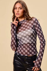 SO ME Plaid Mesh Knit Long Sleeve Top with Thumb Opening BLACK / S