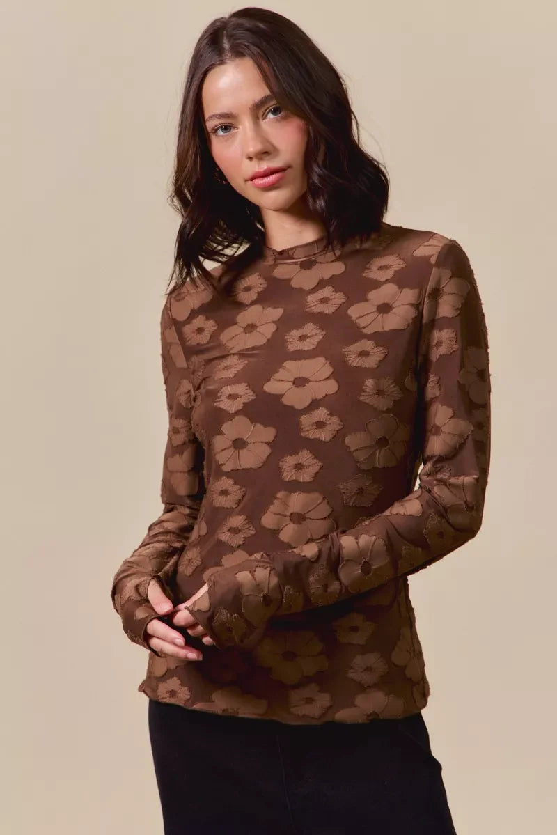 SO ME Stretched Jacquard Casual Tops with Thumb Opening BROWN / S