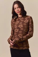 SO ME Stretched Jacquard Casual Tops with Thumb Opening BROWN / S