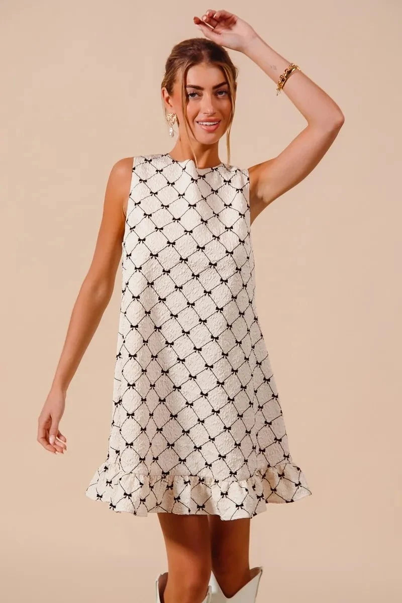 SO ME Texture Bow Printed Mini Ruffle Dress