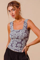 SO ME Two Tone Floral Seamless Tank Top CHARCOAL BLUE / S