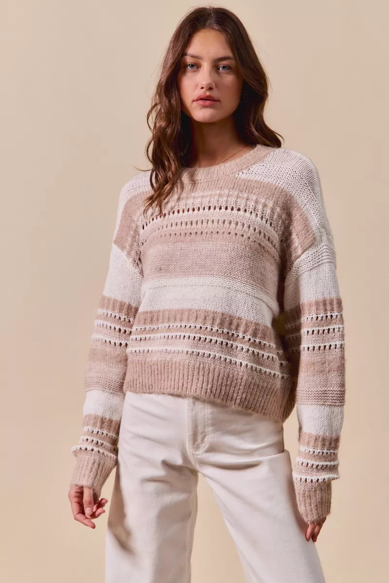 SO ME Variegated Stripe Textured Loose Fit Sweater TAUPE / S