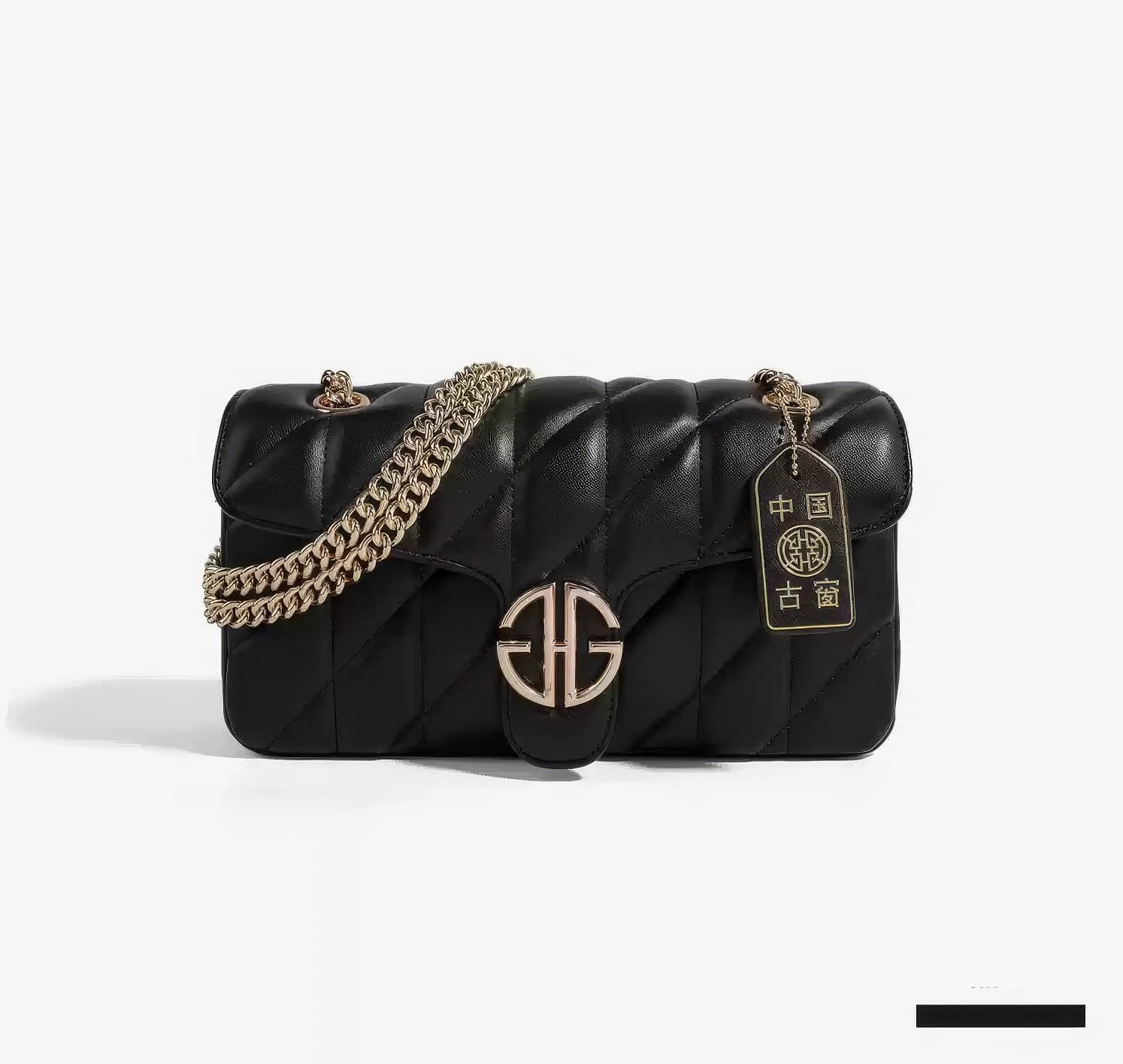 Soft Leather Quilted Shoulder Gold Chain Strap Handbag Black