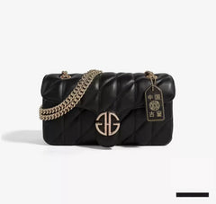 Soft Leather Quilted Shoulder Gold Chain Strap Handbag Black