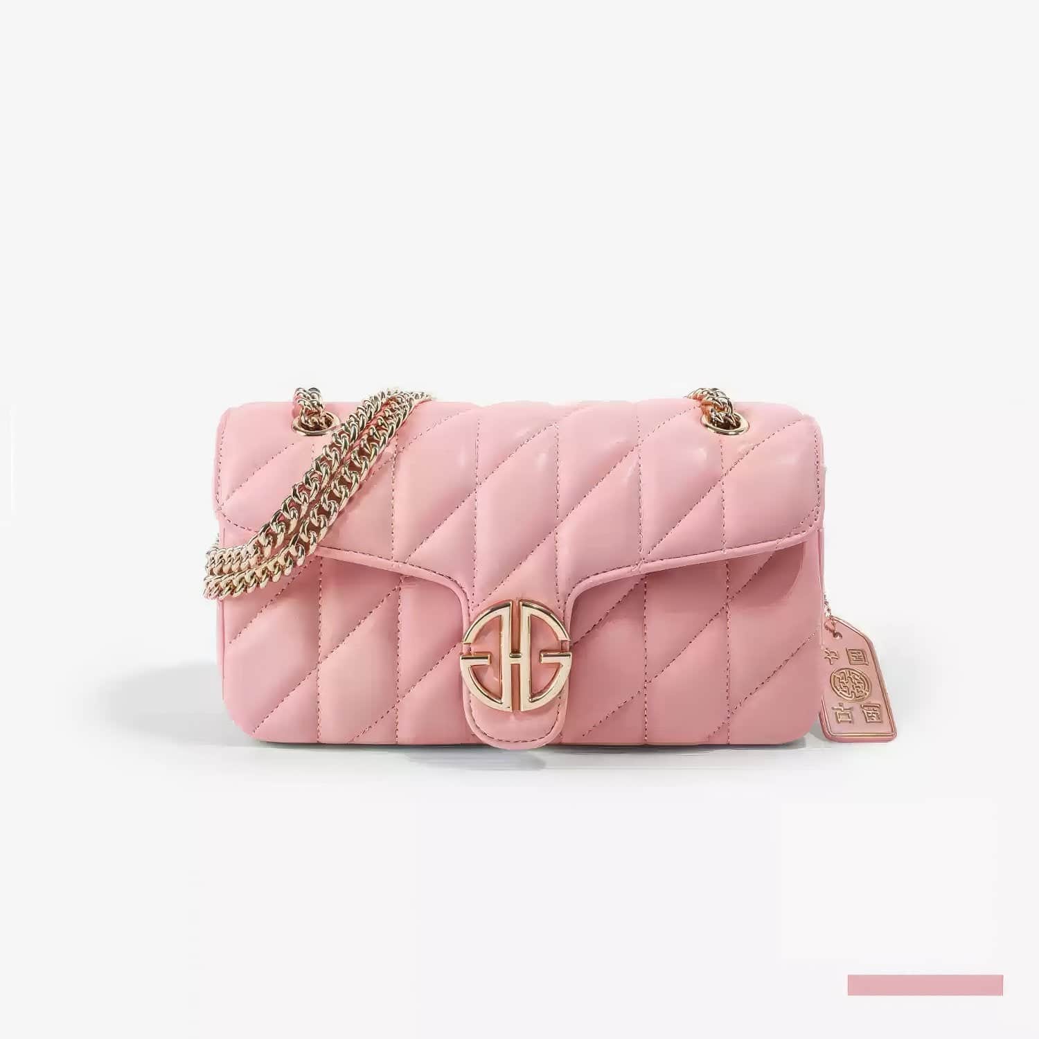 Soft Leather Quilted Shoulder Gold Chain Strap Handbag Pink