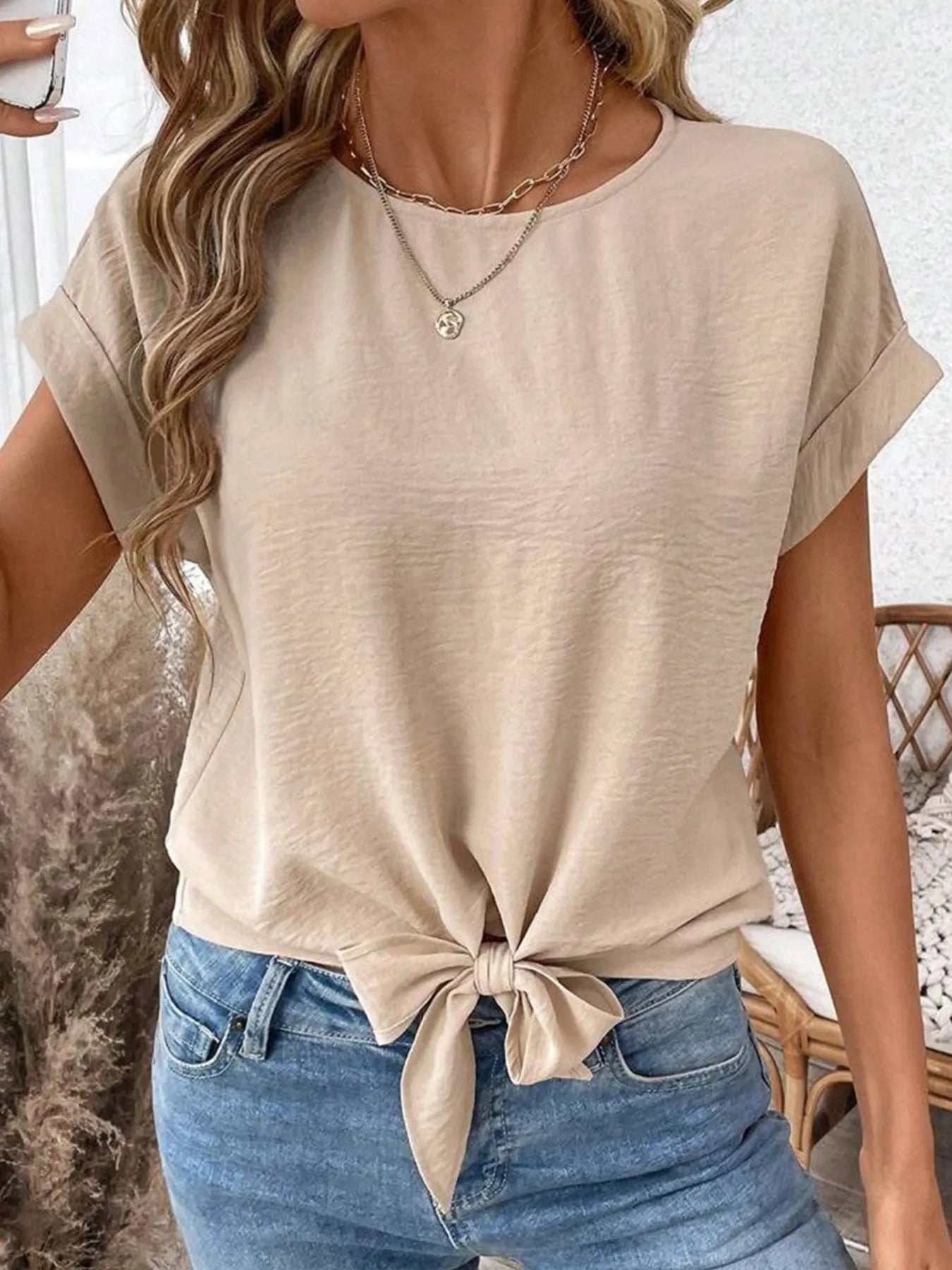 Solid Color Knotted Hem Short Sleeve Blouse Beige / S