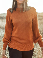 Solid Color Ribbed Trim Drop Shoulder Sweater Caramel / S