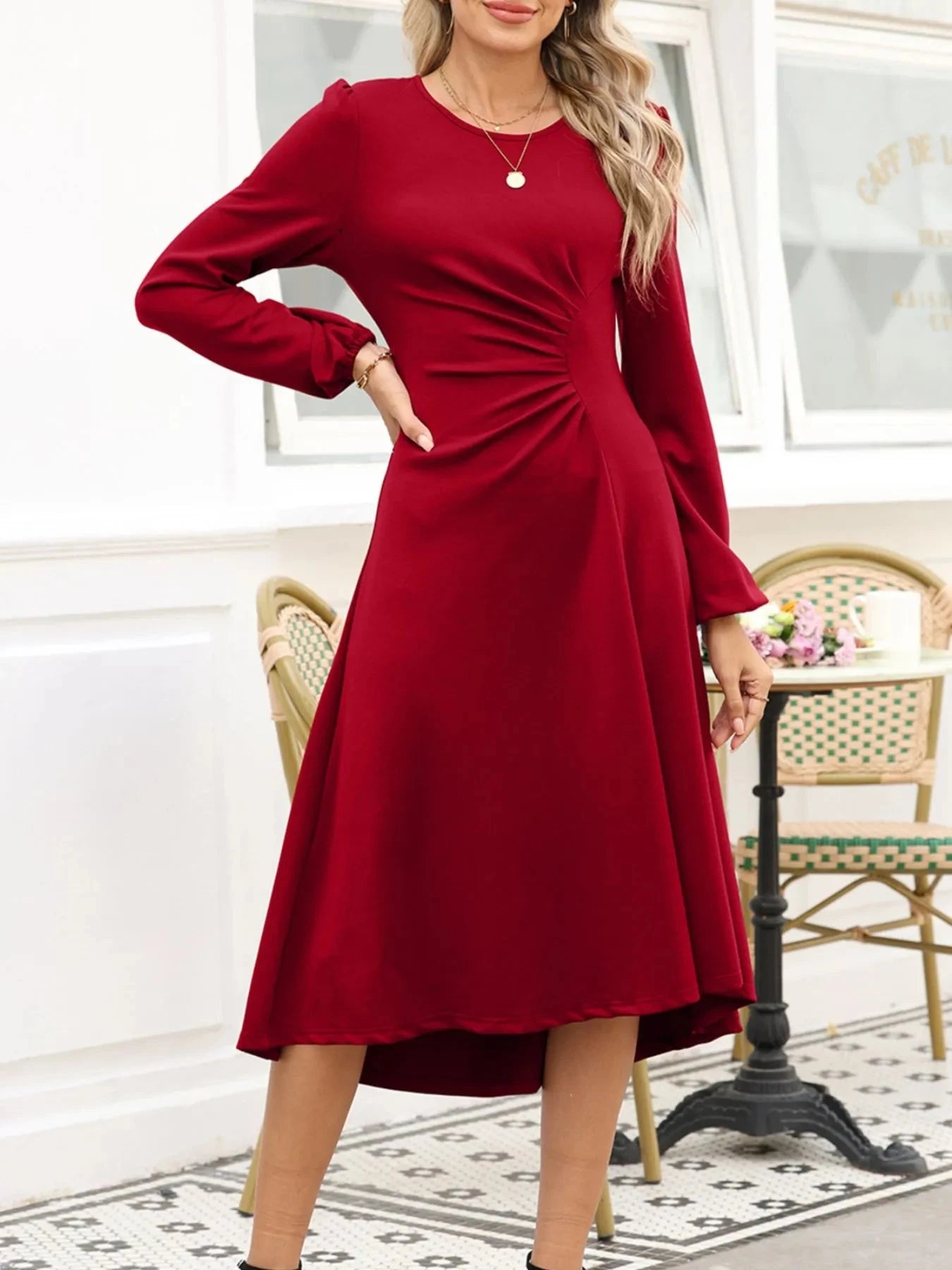 Solid Color Ruched Detail Long Sleeve Midi Dress