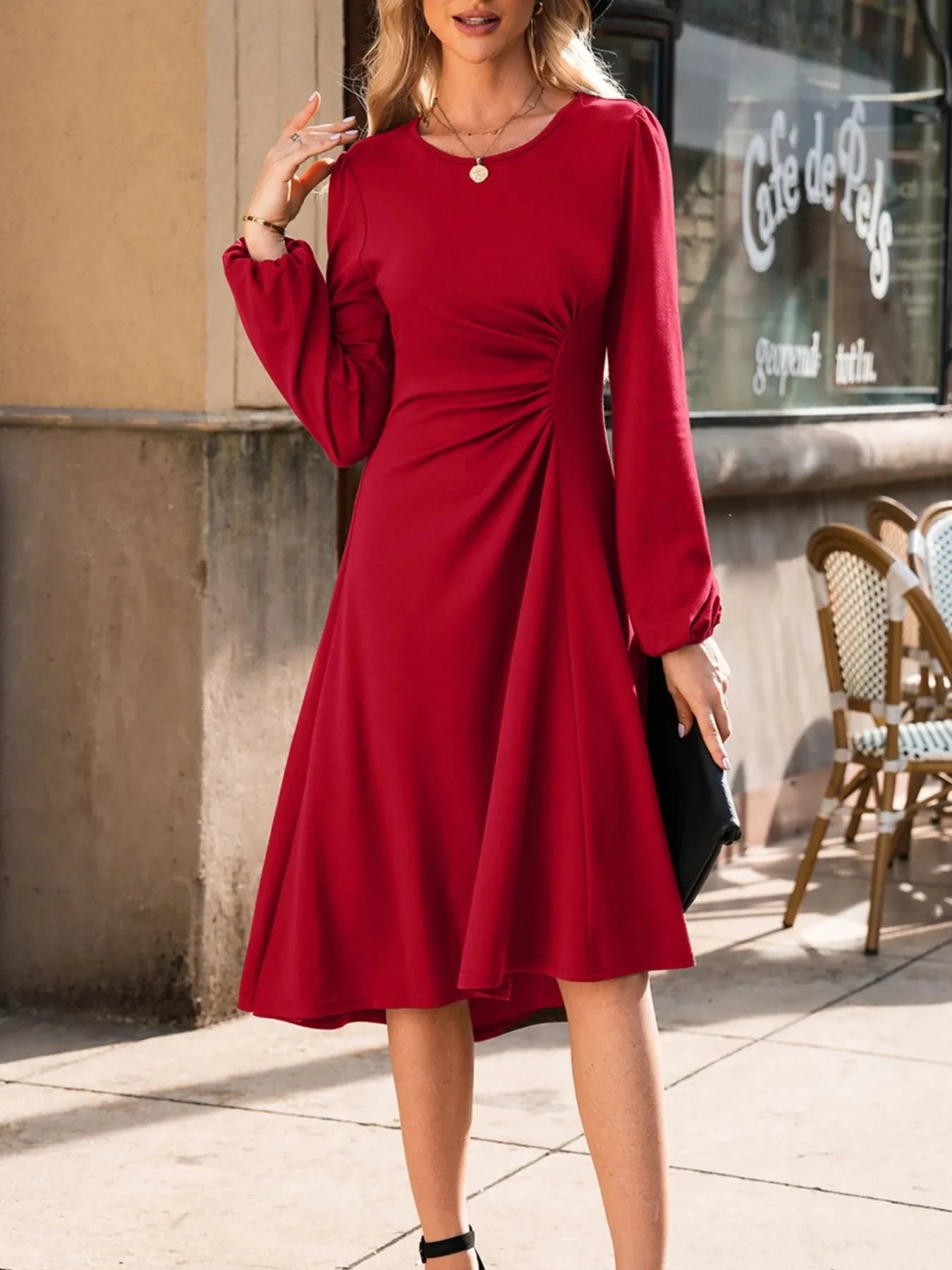 Solid Color Ruched Detail Long Sleeve Midi Dress