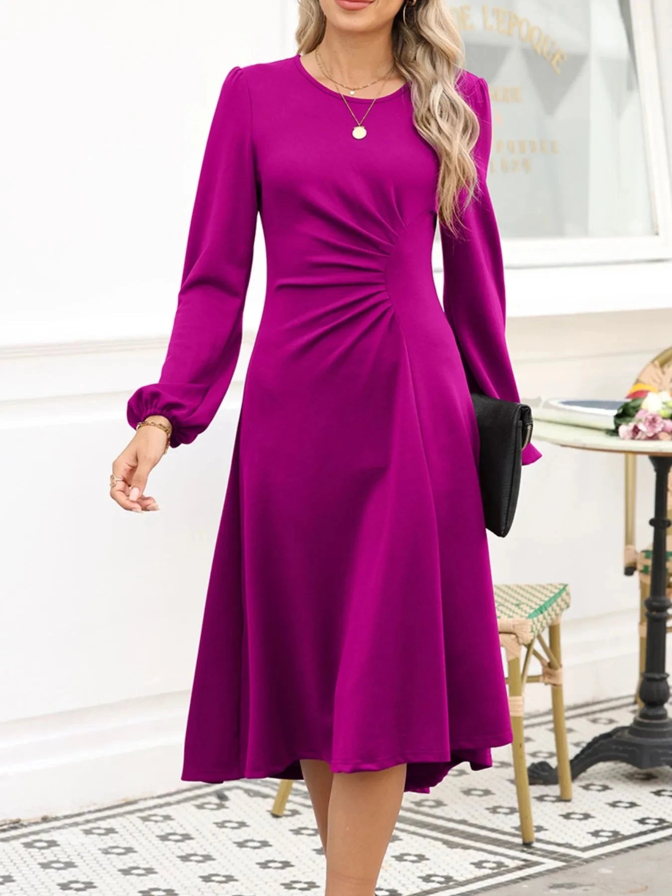 Solid Color Ruched Detail Long Sleeve Midi Dress