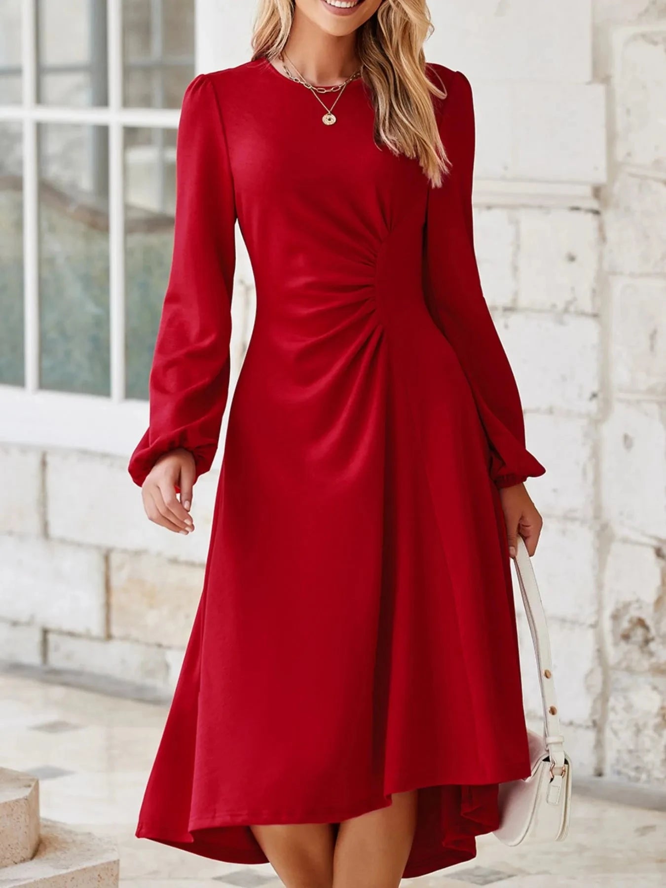 Solid Color Ruched Detail Long Sleeve Midi Dress Deep Red / S