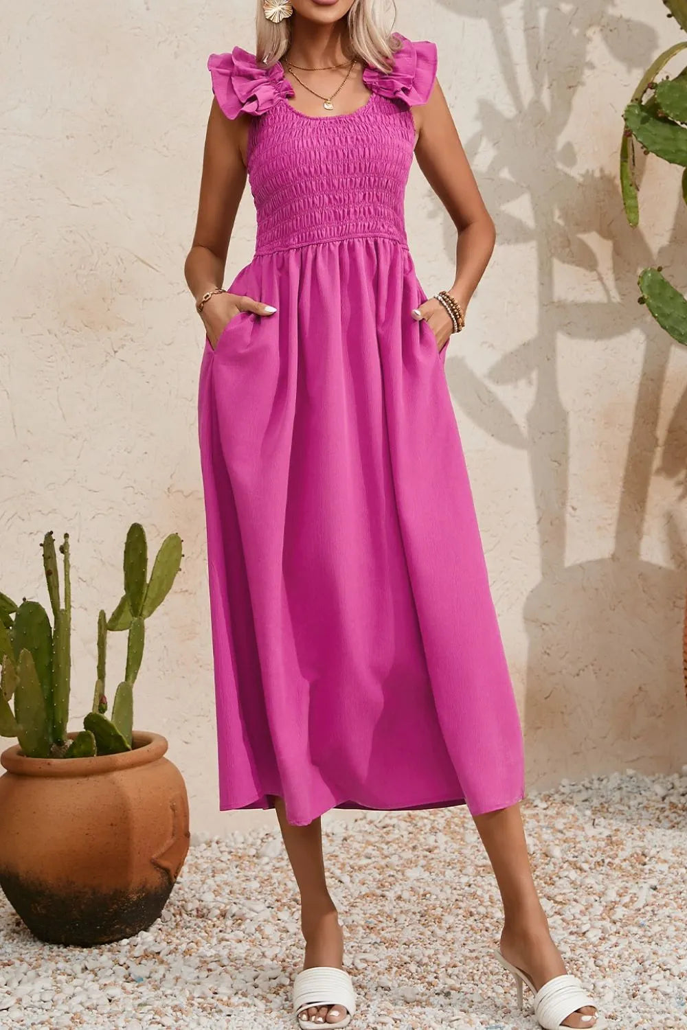 Solid Color Ruffled Straps Smocked Ruched Maxi Dress