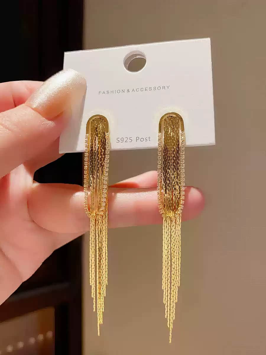 Sophisticated Gold Tone Rectangular Drop Earrings with Long Tassels