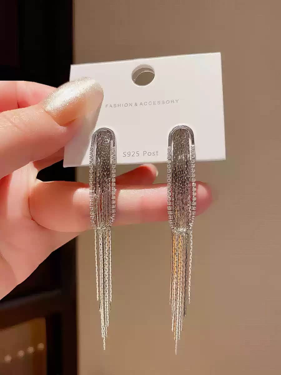 Sophisticated Gold Tone Rectangular Drop Earrings with Long Tassels